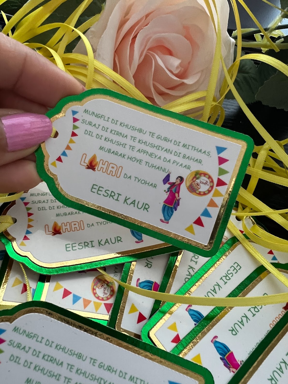 Lohri party gift tags - Green and Gold - For girls