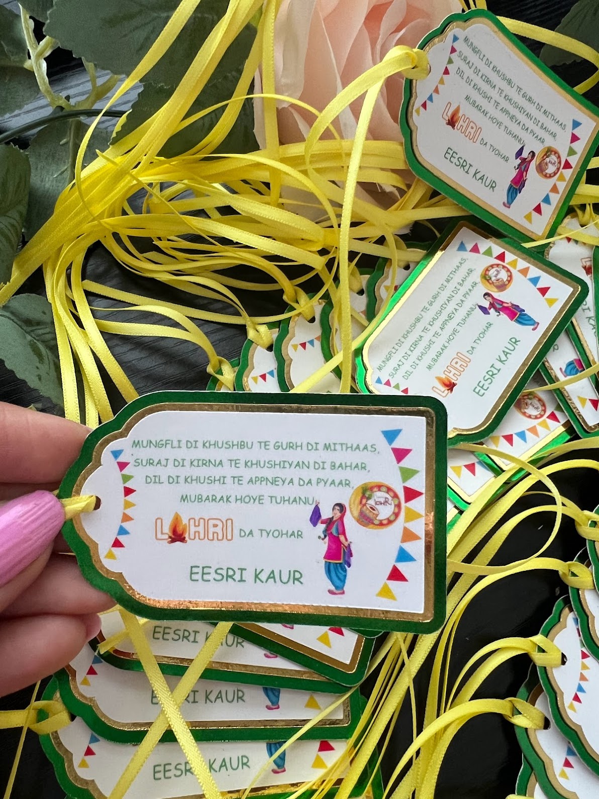 Lohri party gift tags - Green and Gold - For girls