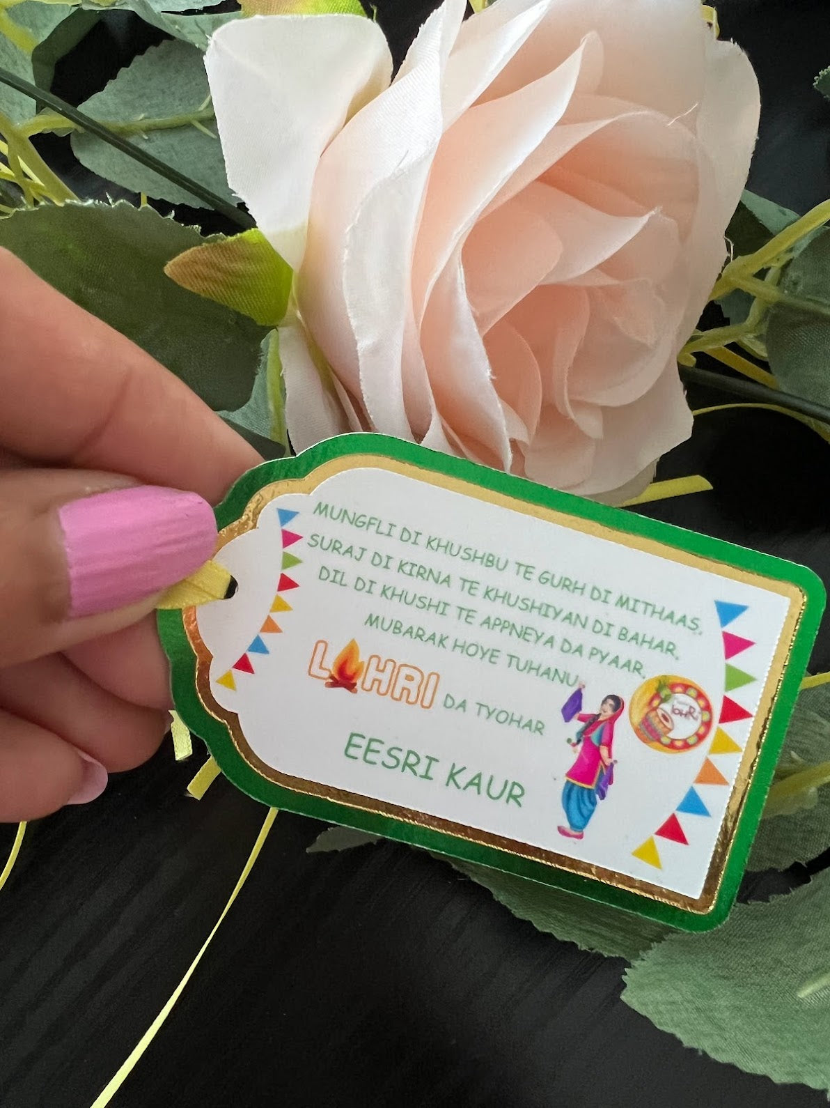 Lohri party gift tags - Green and Gold - For girls