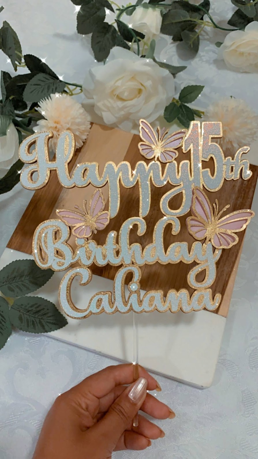 Blush and gold 3D butterflies cake topper for 15th birthday