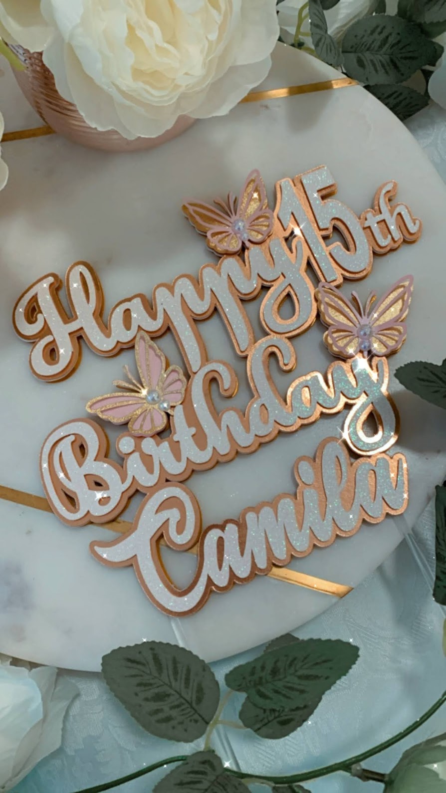 Blush and gold 3D butterflies cake topper for 15th birthday