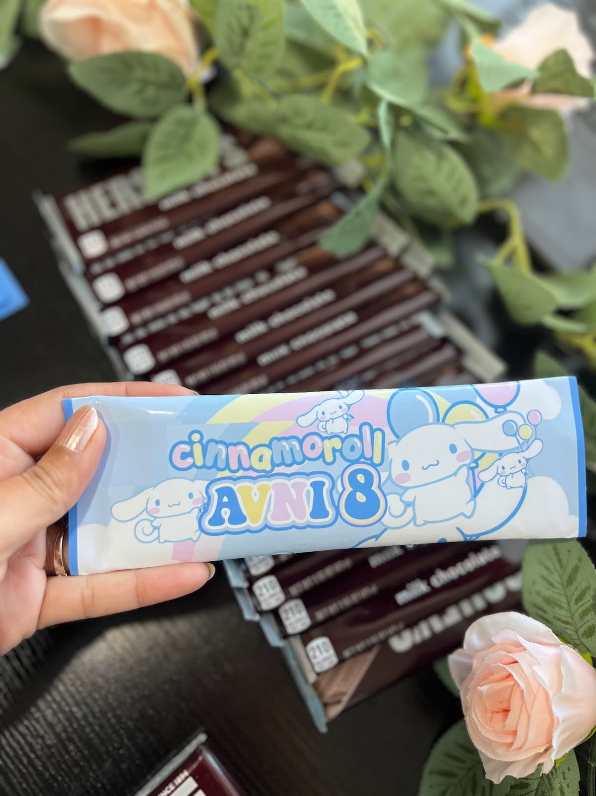 Cinnamoroll favors, Sanrio Hershey's bar, Cinnamoroll wrapped chocolate