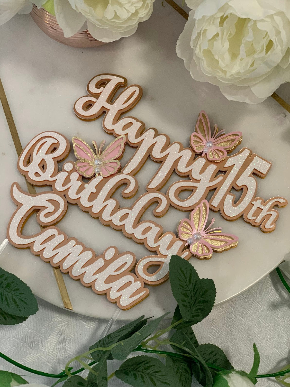 Blush and gold 3D butterflies cake topper for 15th birthday