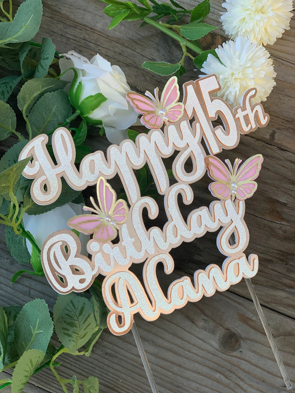 Blush and gold 3D butterflies cake topper for 15th birthday