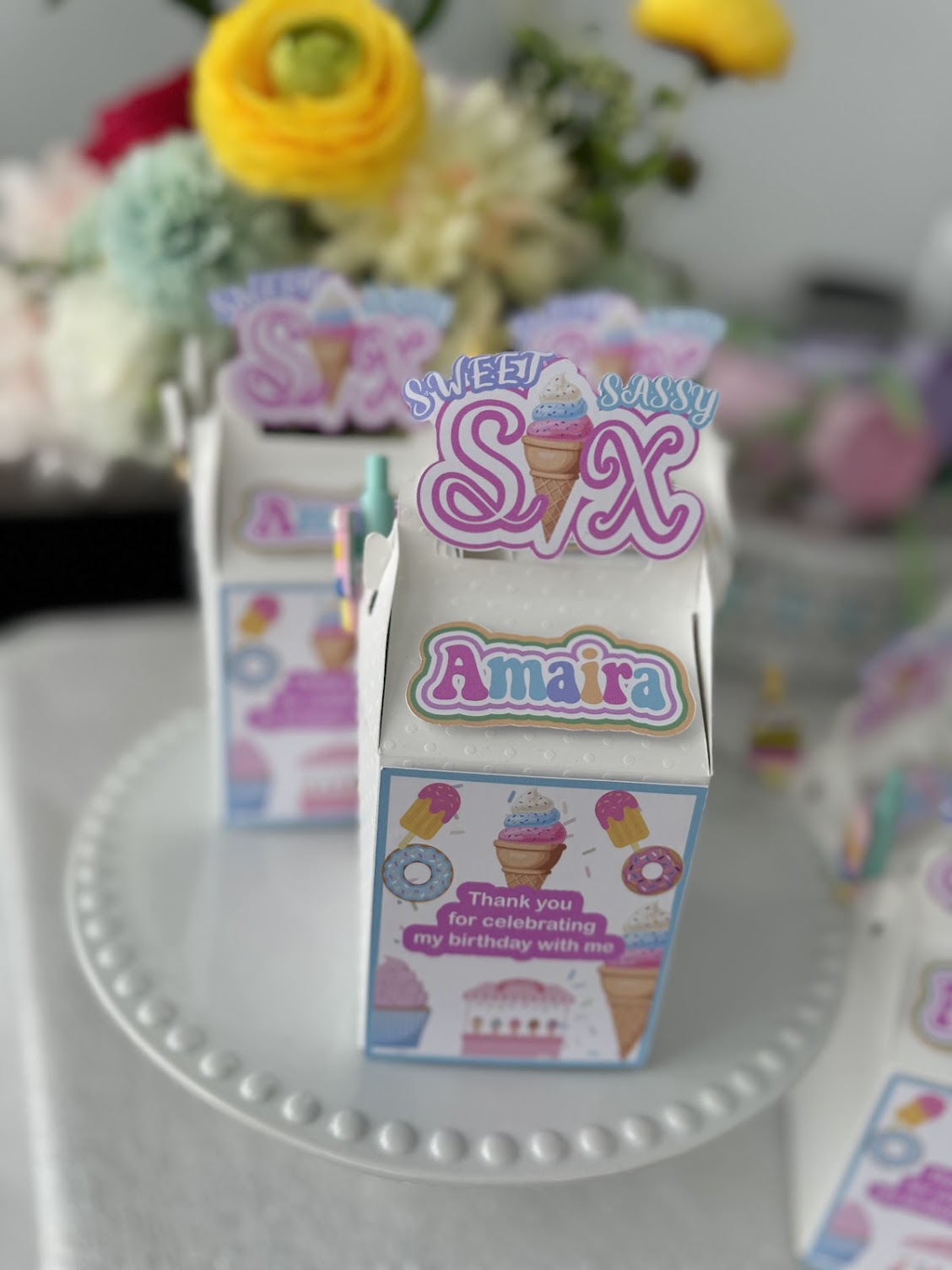 Sweet Sassy and Six party favor boxes