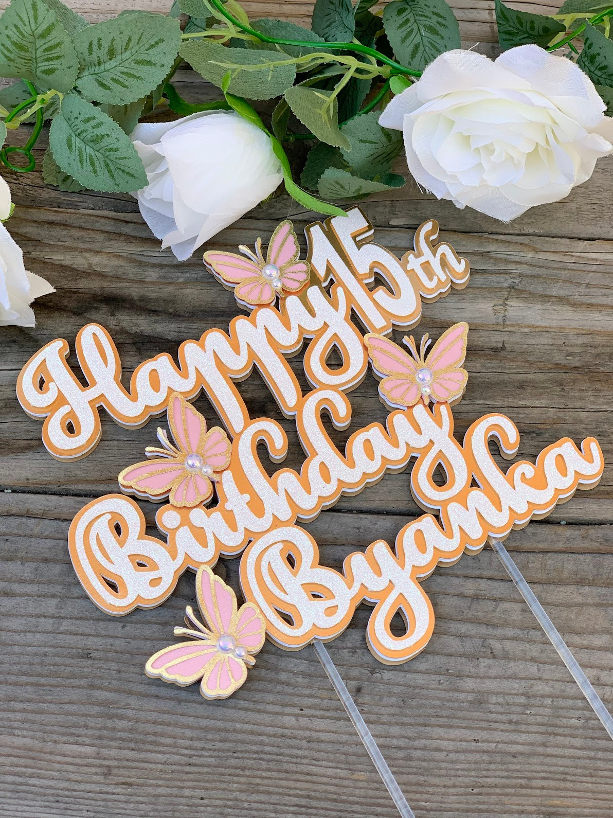 Blush and gold 3D butterflies cake topper for 15th birthday