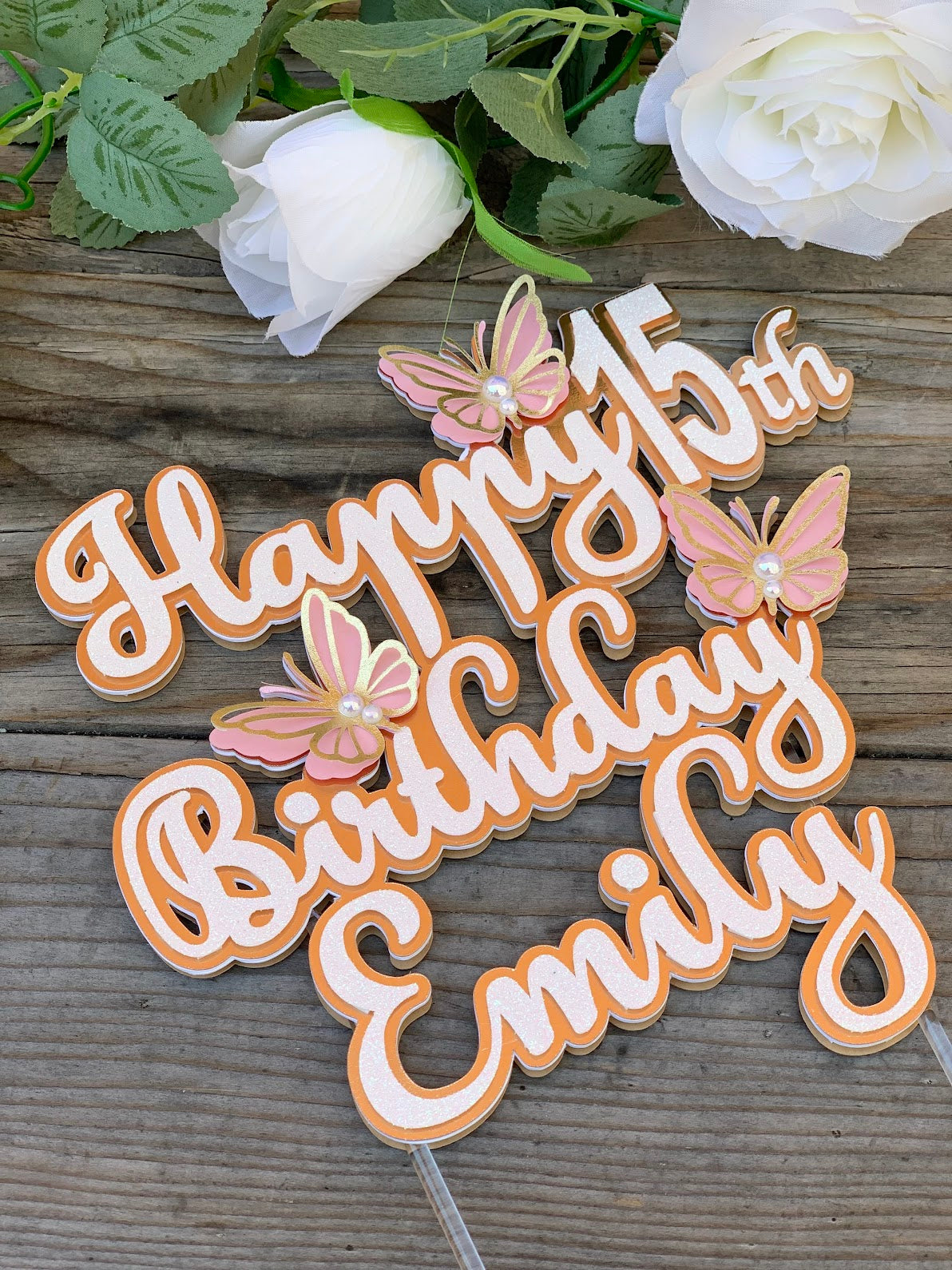 Blush and gold 3D butterflies cake topper for 15th birthday