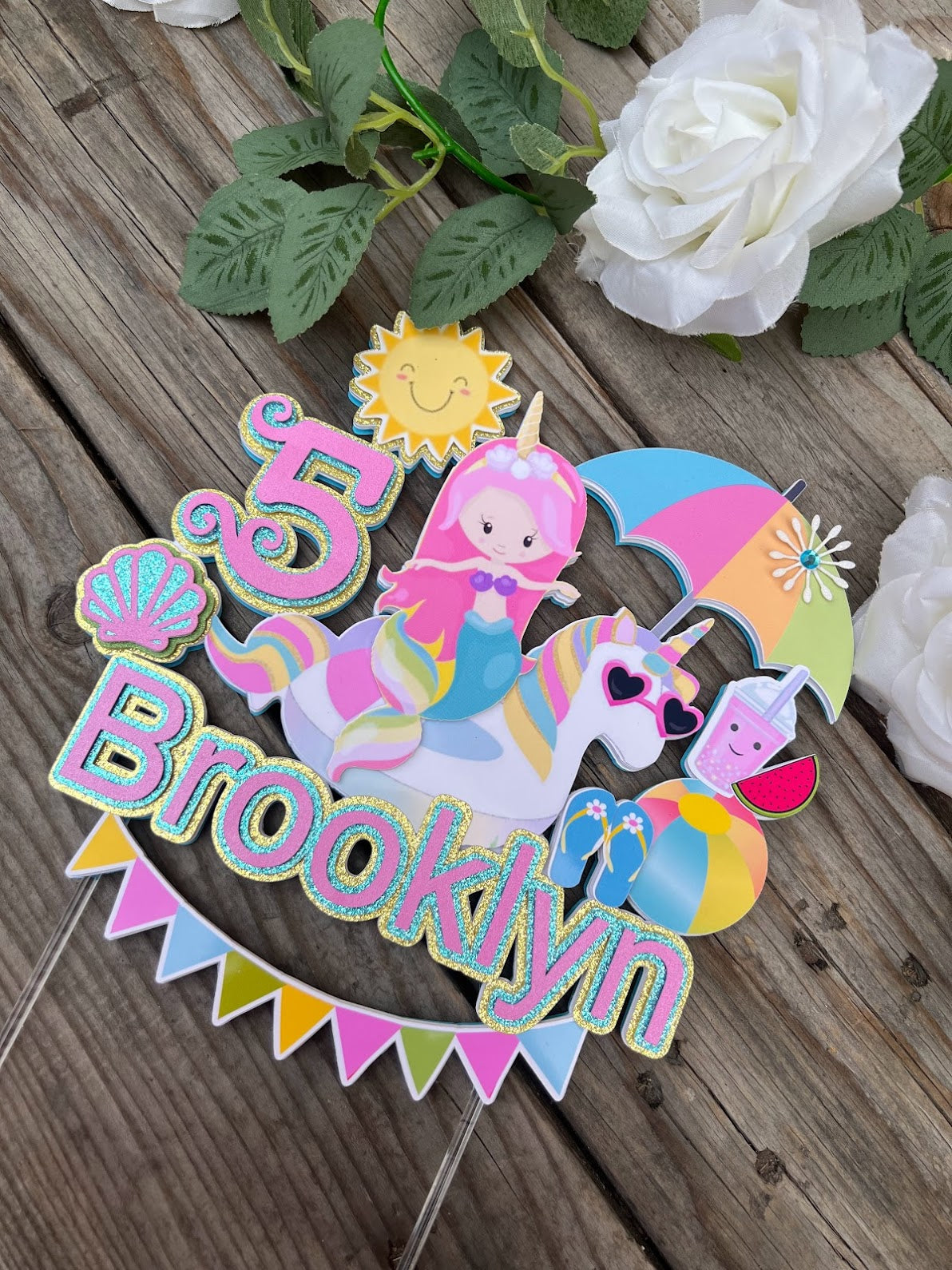 Mermaid and Unicorn Pool Party theme cake topper