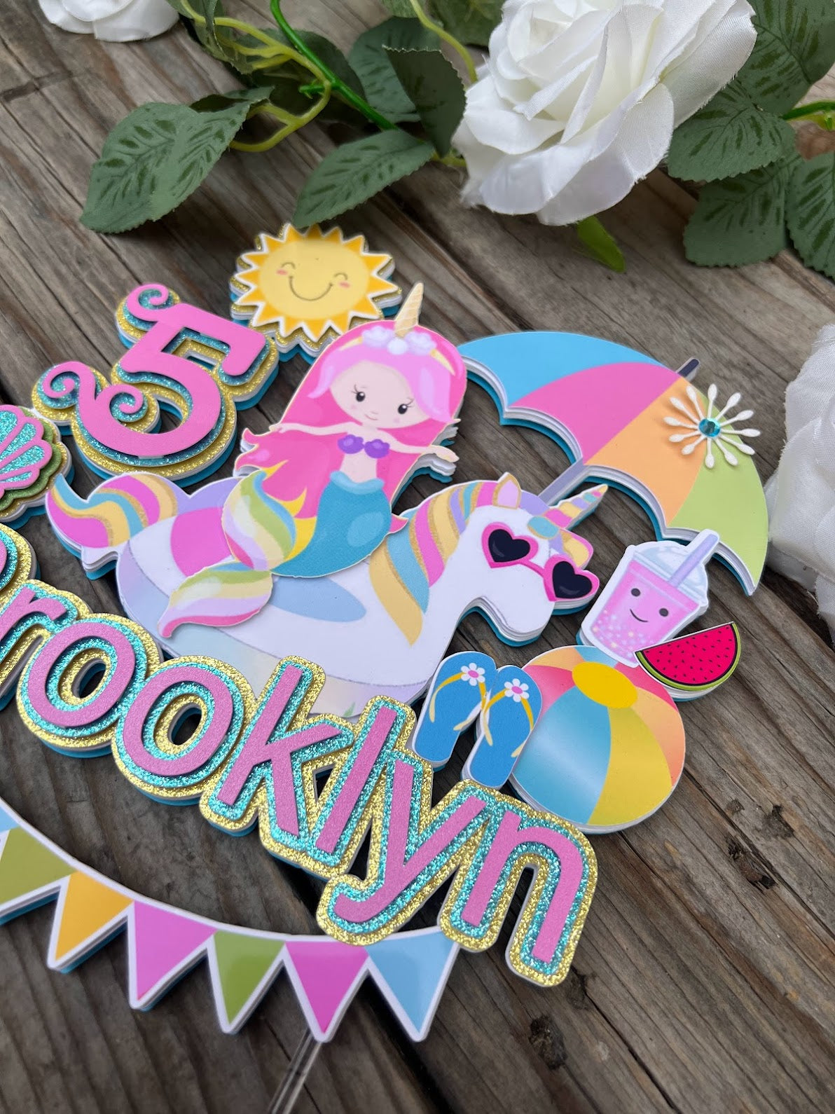 Mermaid and Unicorn Pool Party theme cake topper