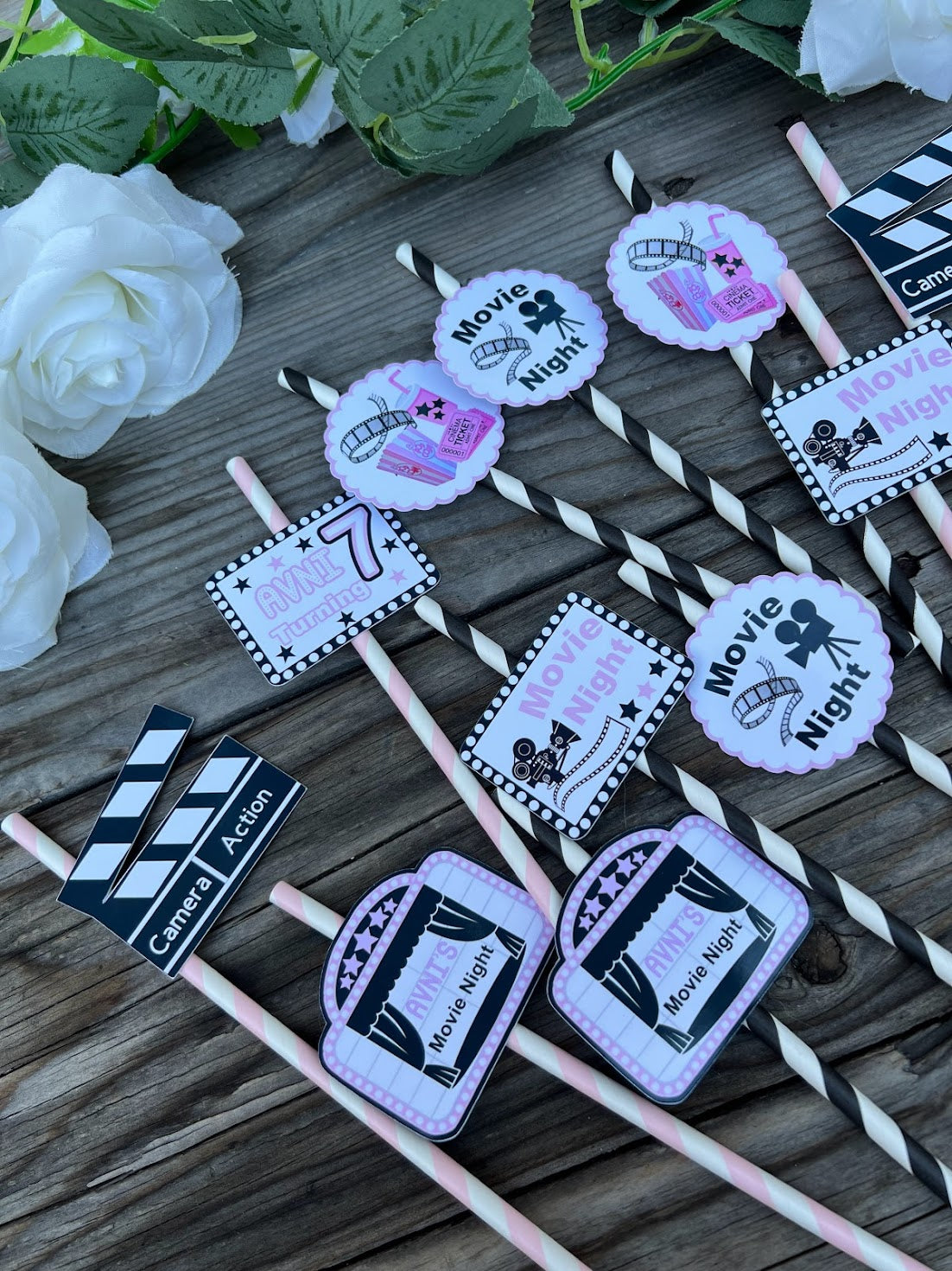 Movie Night Party Straws, Movie Night cupcake toppers