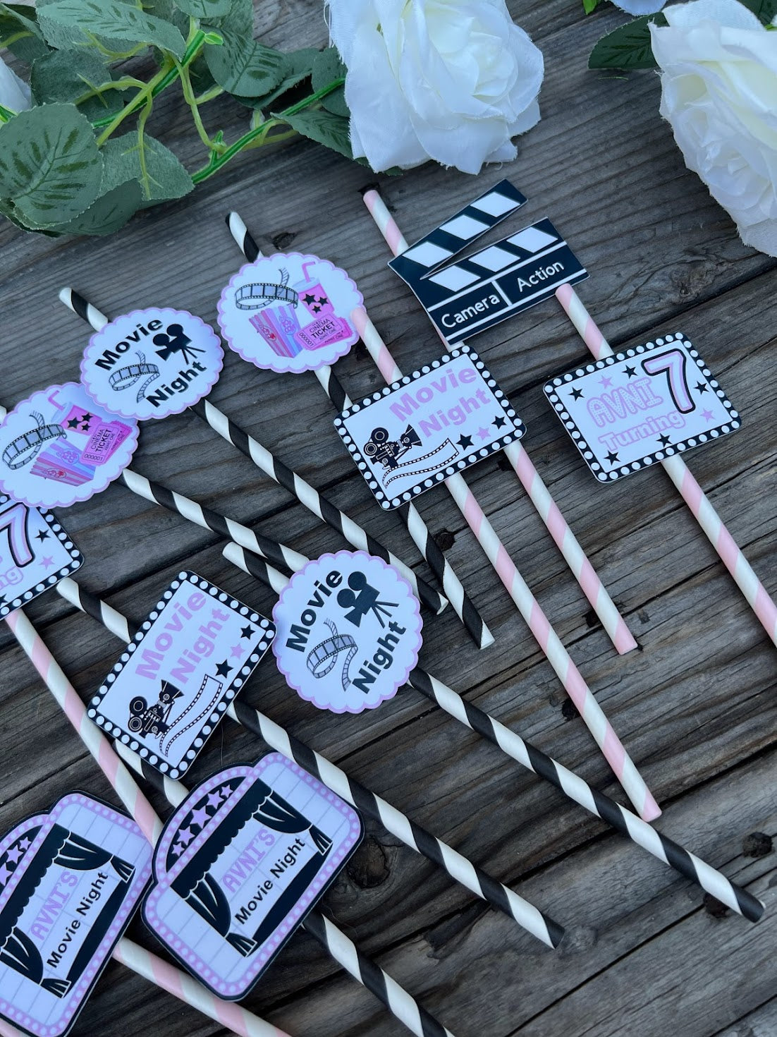 Movie Night Party Straws, Movie Night cupcake toppers