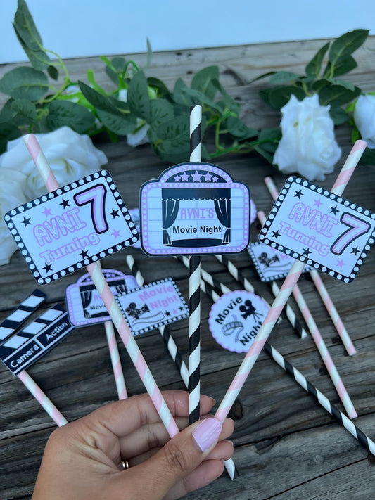 Movie Night Party Straws, Movie Night cupcake toppers