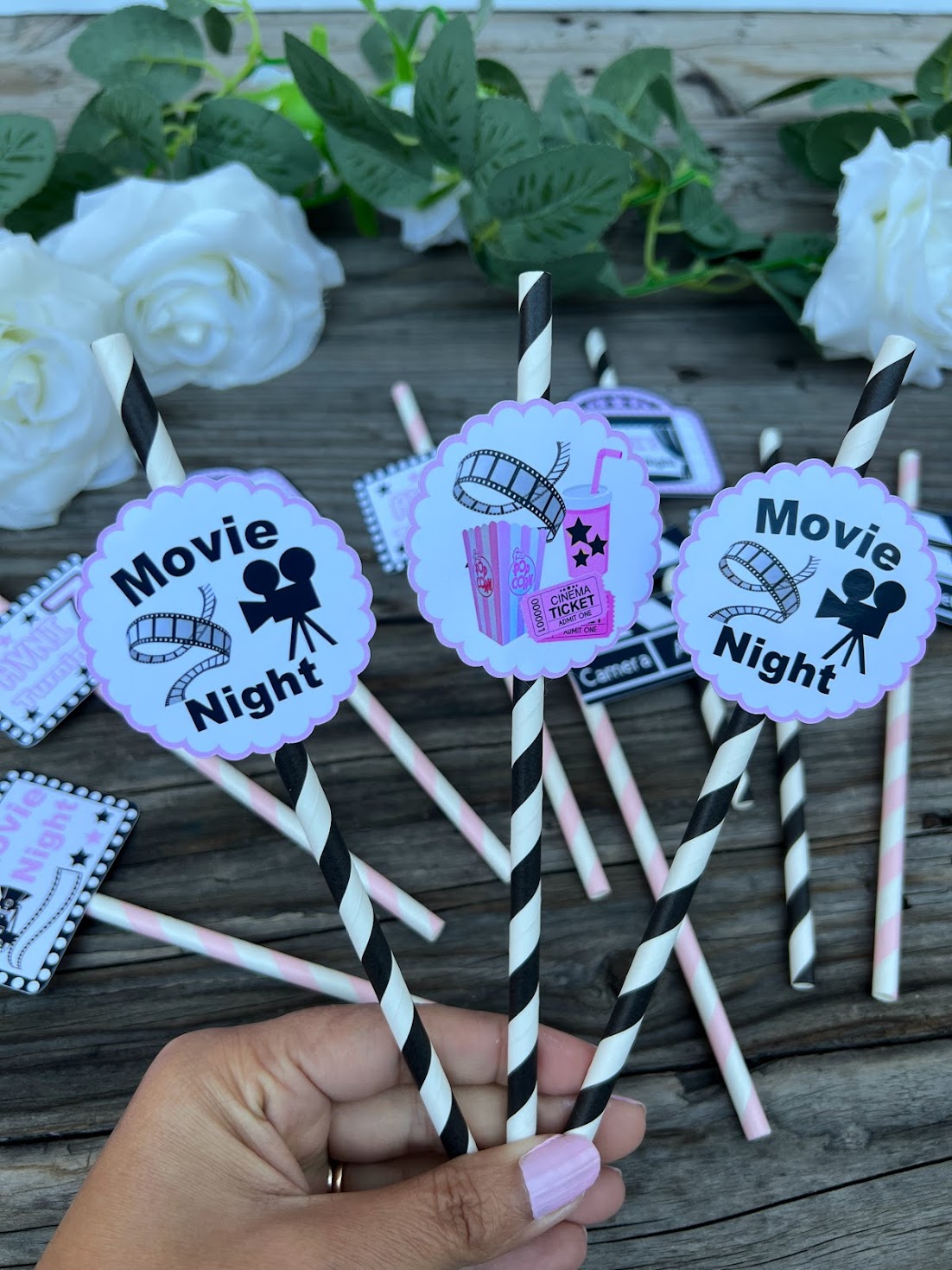 Movie Night Party Straws, Movie Night cupcake toppers