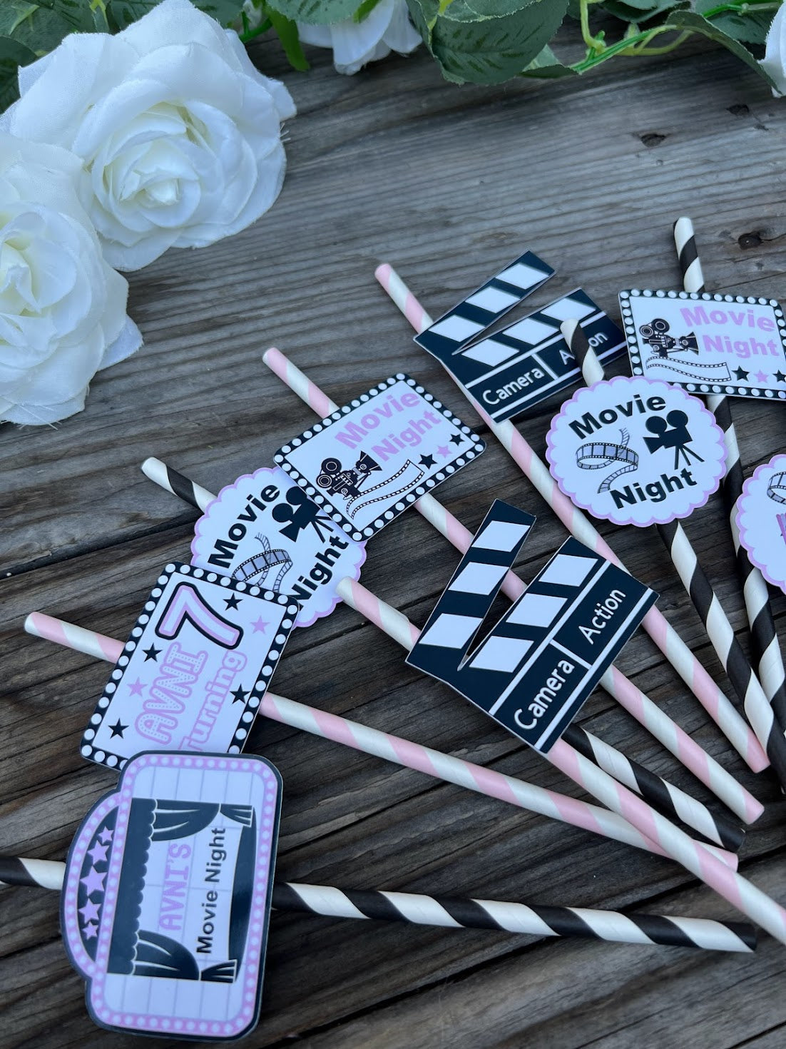 Movie Night Party Straws, Movie Night cupcake toppers