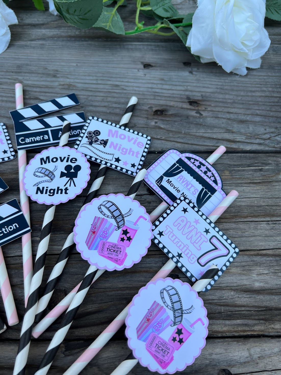 Movie Night Party Straws, Movie Night cupcake toppers