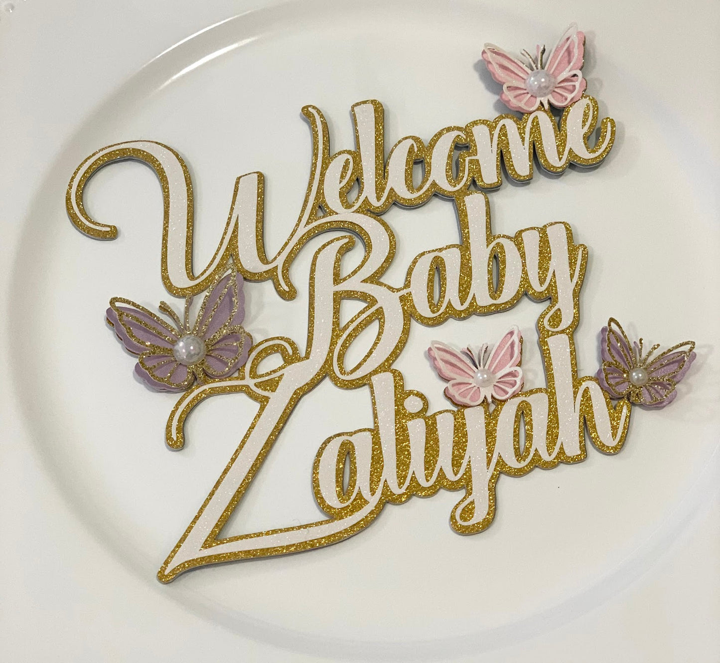 Butterflies and Floral welcome baby cake topper