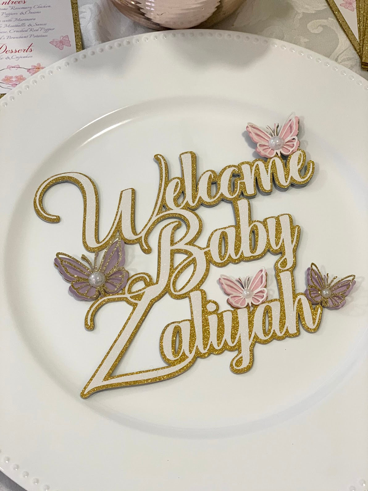 Butterflies and Floral welcome baby cake topper