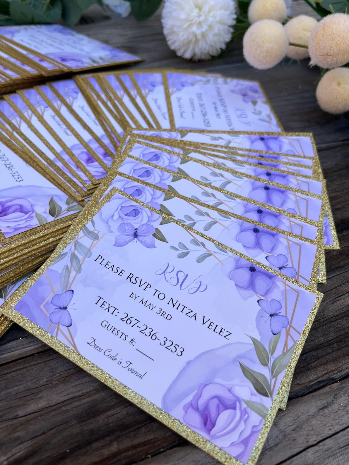 Lavender and Gold Sweet Sixteen butterfly RSVP cards