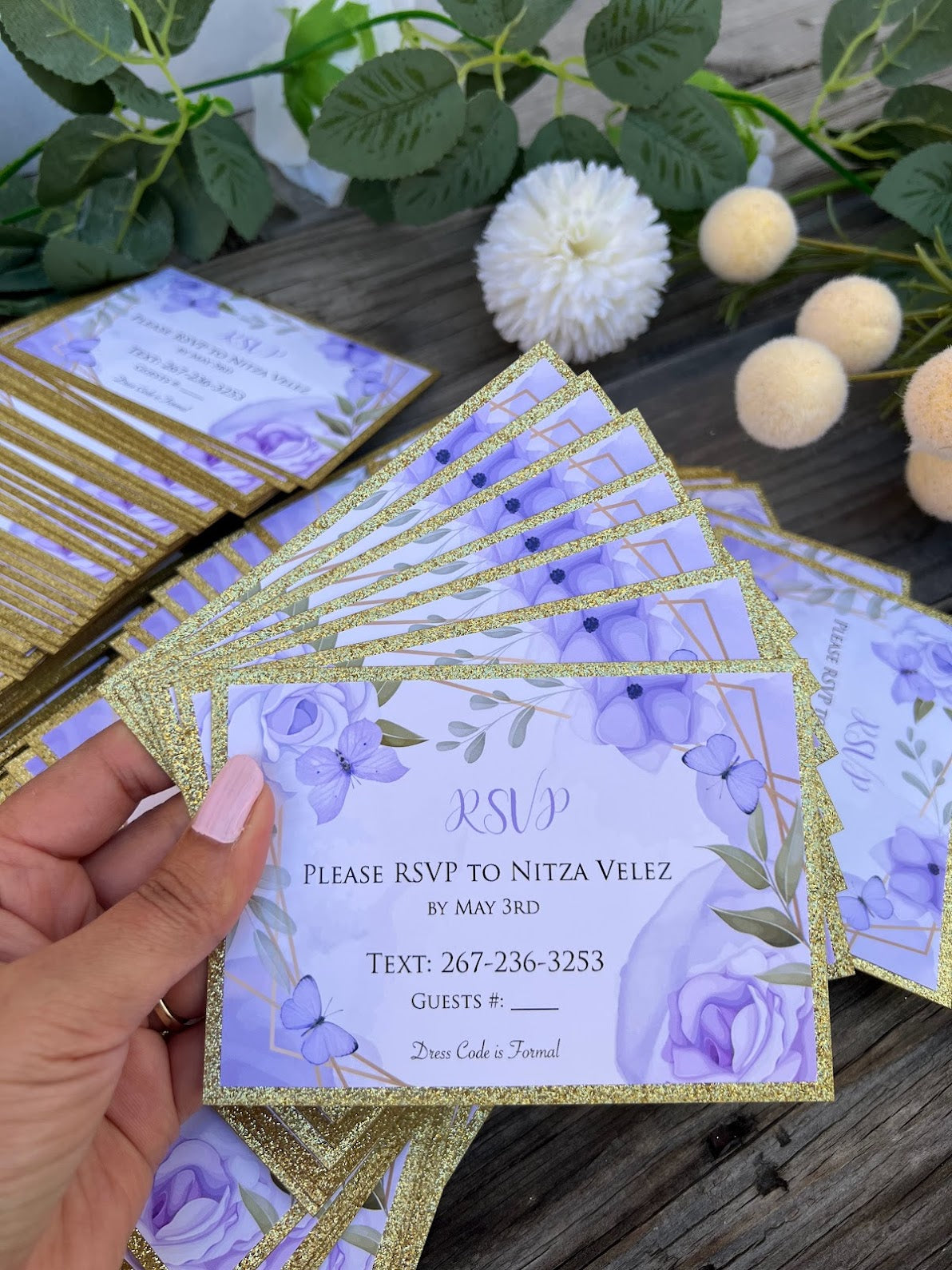 Lavender and Gold Sweet Sixteen butterfly RSVP cards