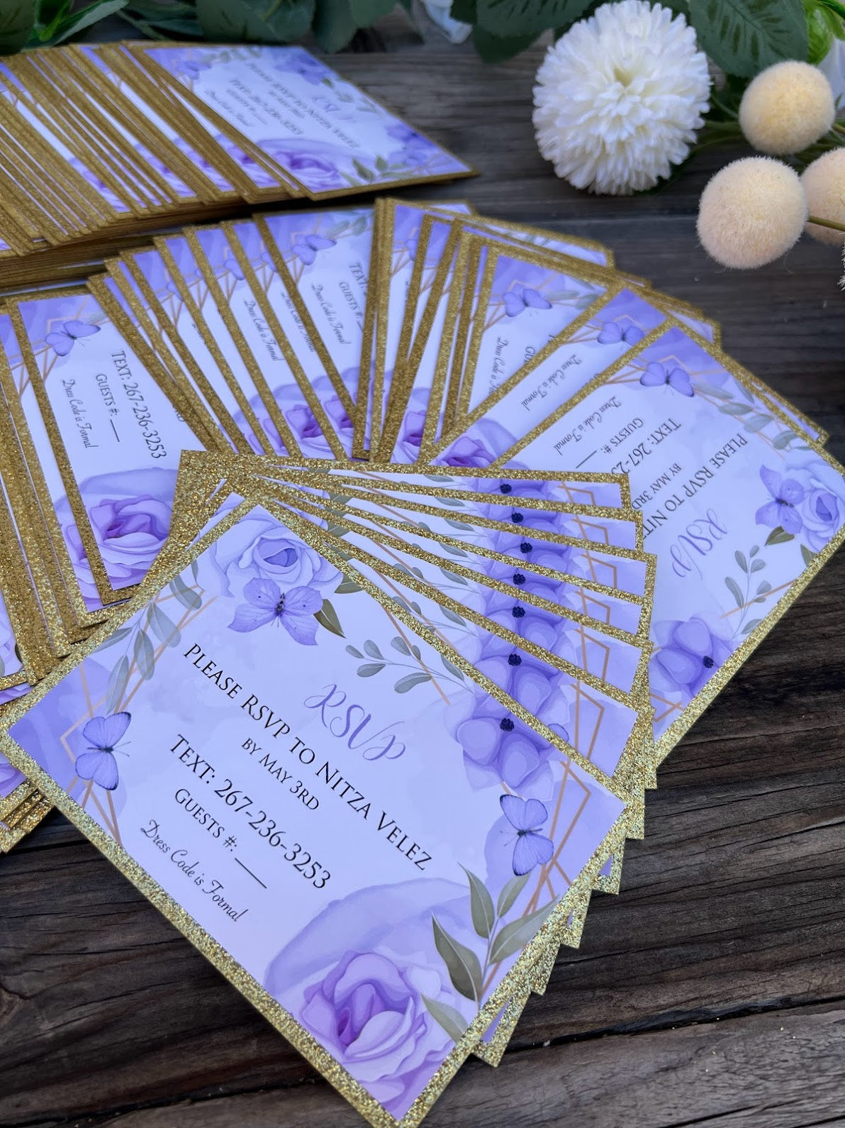 Lavender and Gold Sweet Sixteen butterfly RSVP cards