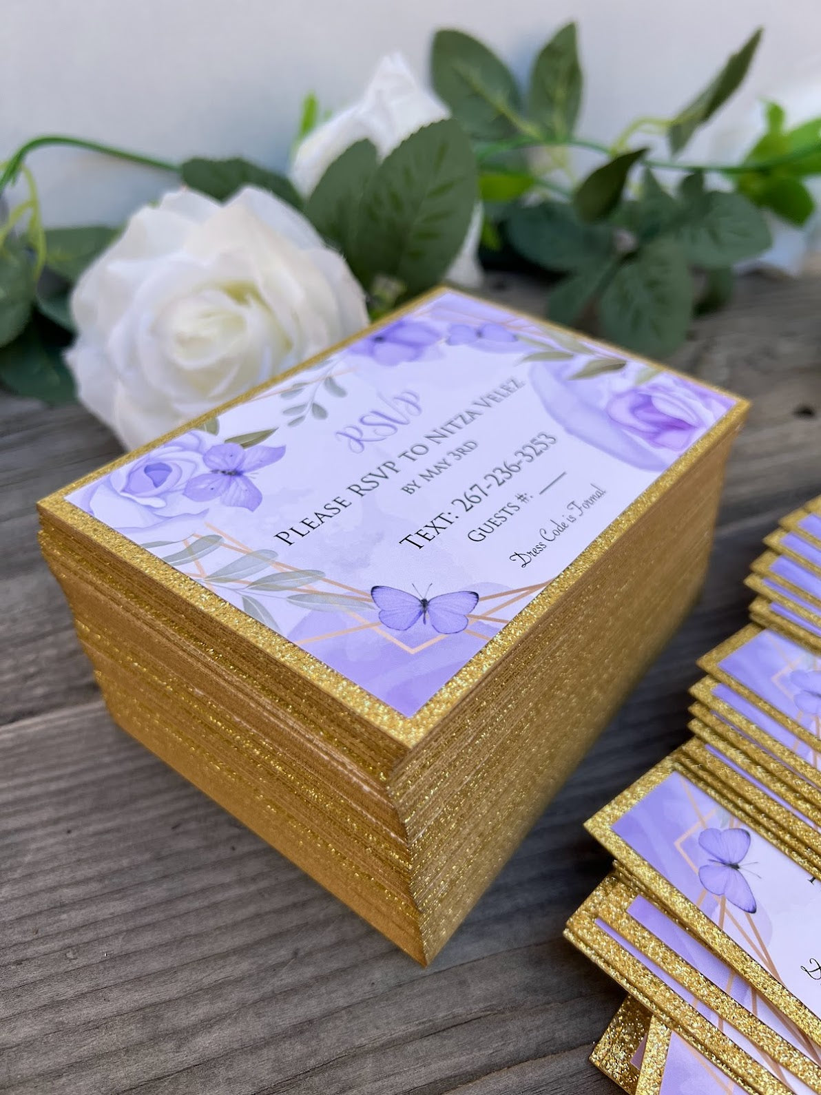 Lavender and Gold Sweet Sixteen butterfly RSVP cards