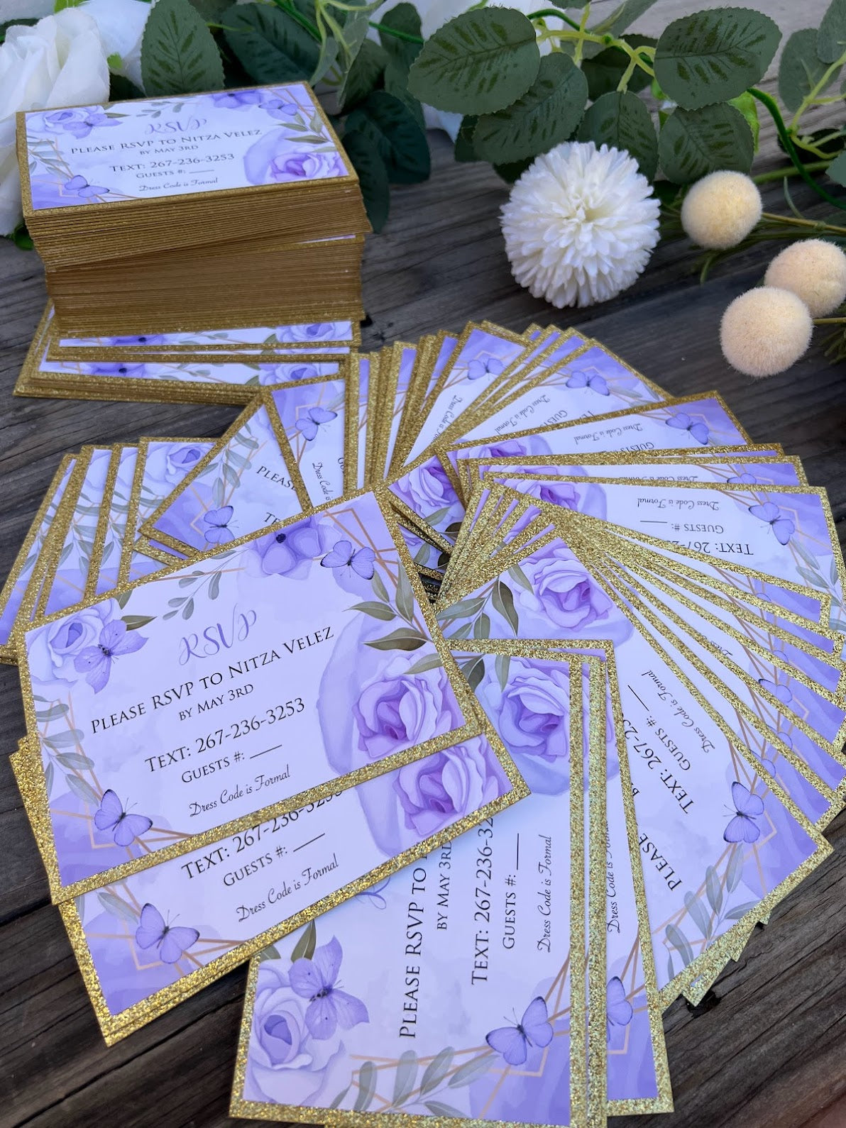 Lavender and Gold Sweet Sixteen butterfly RSVP cards