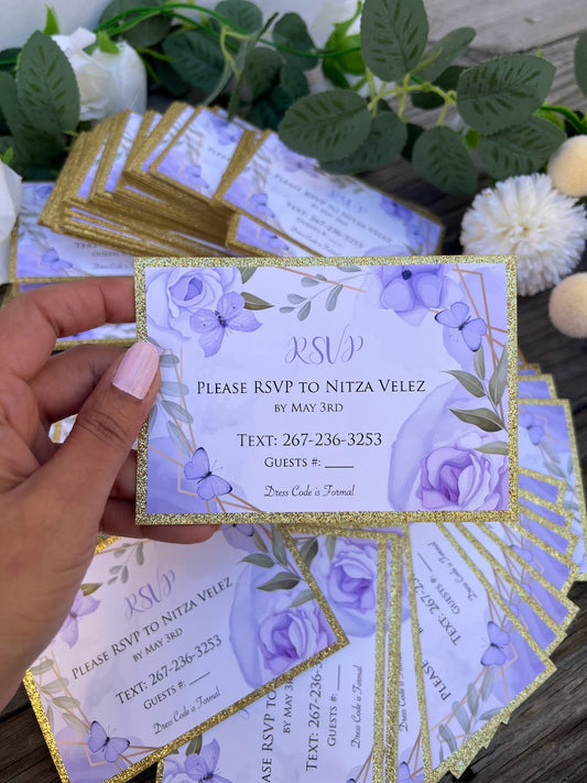 Lavender and Gold Sweet Sixteen butterfly RSVP cards