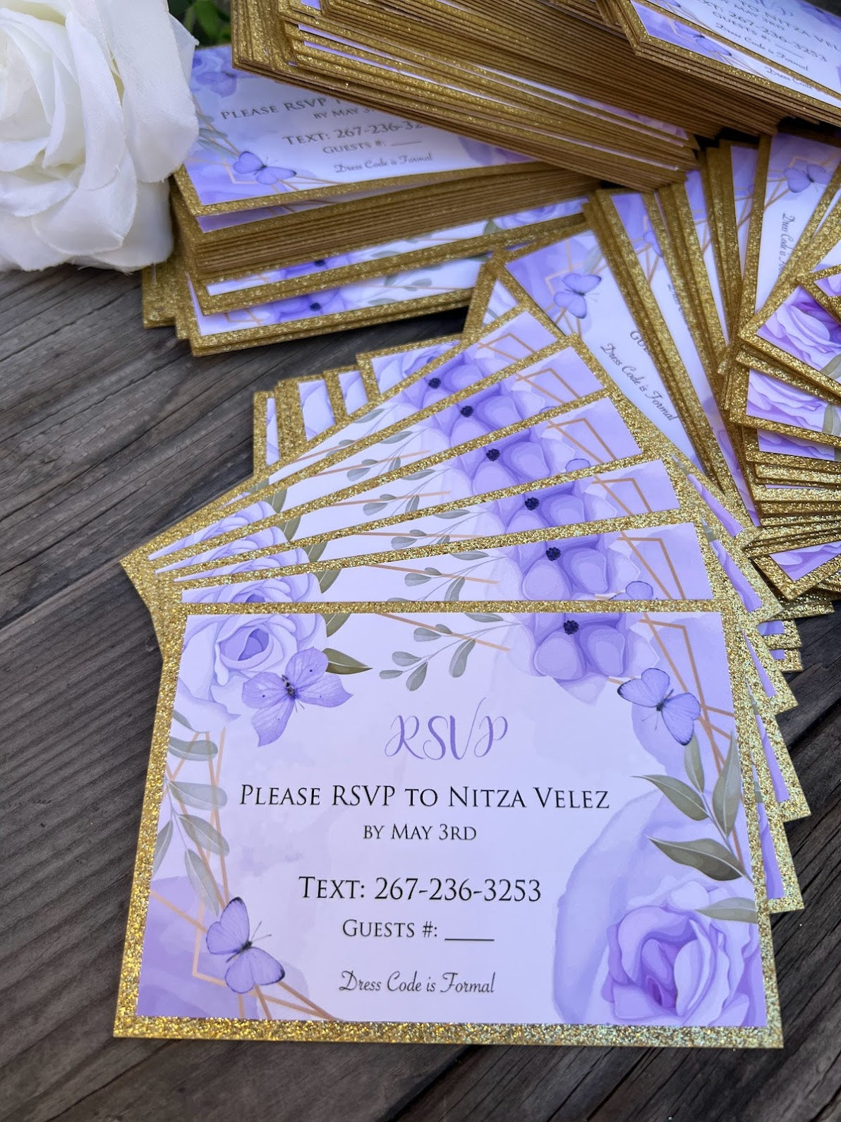 Lavender and Gold Sweet Sixteen butterfly RSVP cards