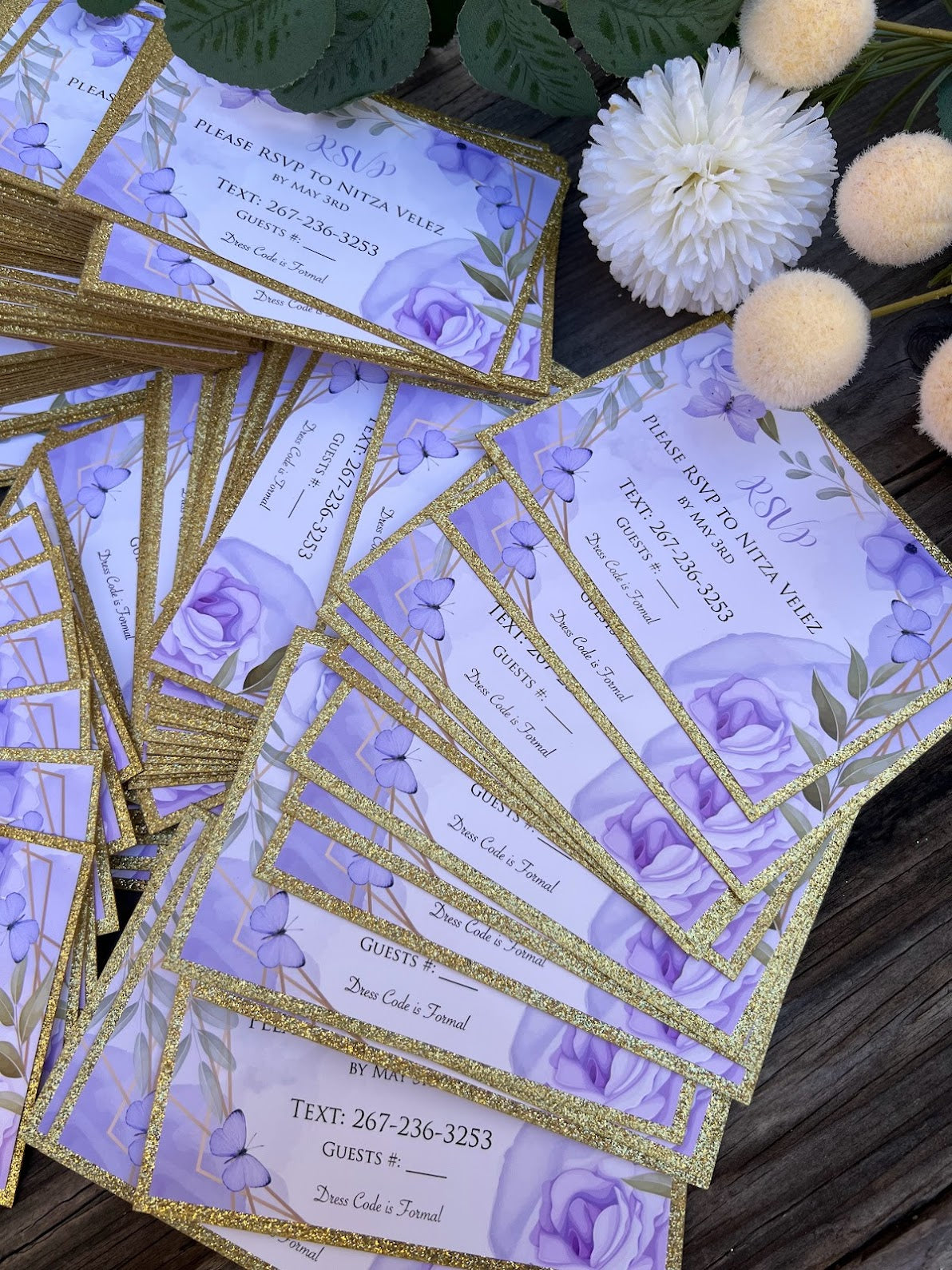 Lavender and Gold Sweet Sixteen butterfly RSVP cards