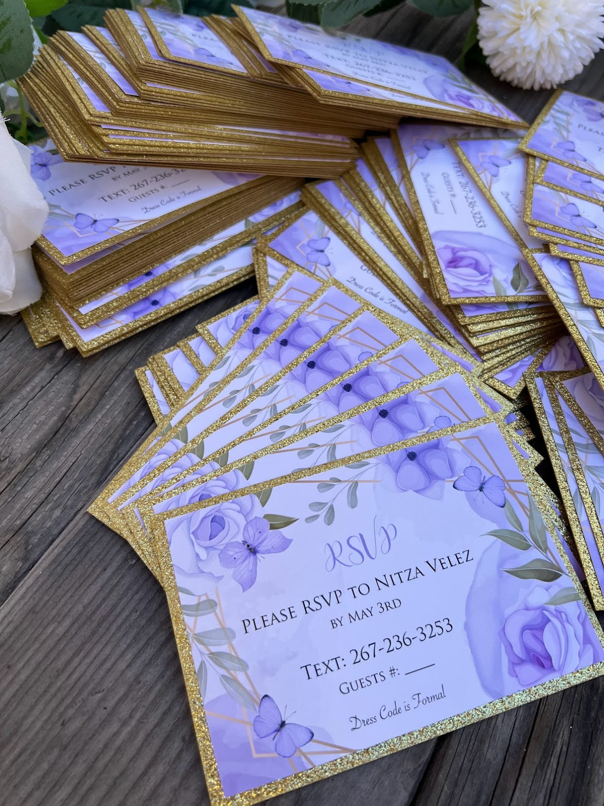 Lavender and Gold Sweet Sixteen butterfly RSVP cards