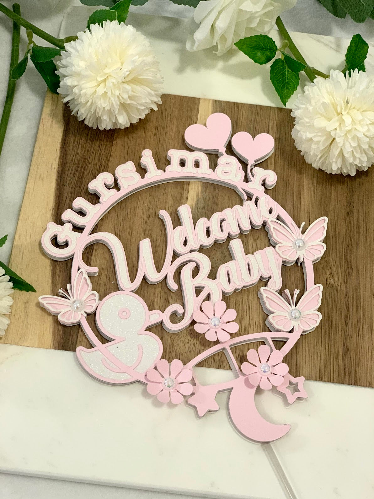 Butterflies and Floral welcome baby cake topper