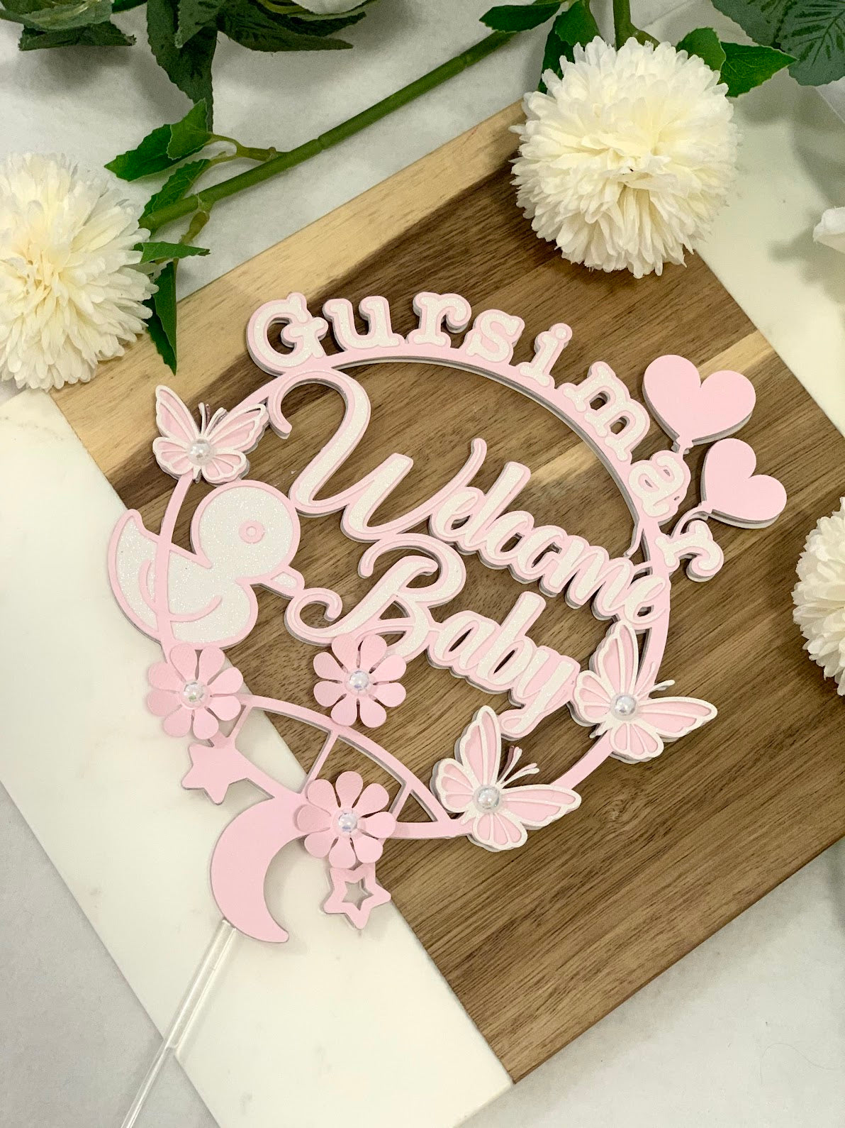 Butterflies and Floral welcome baby cake topper