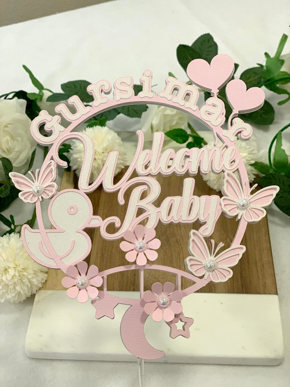 Butterflies and Floral welcome baby cake topper