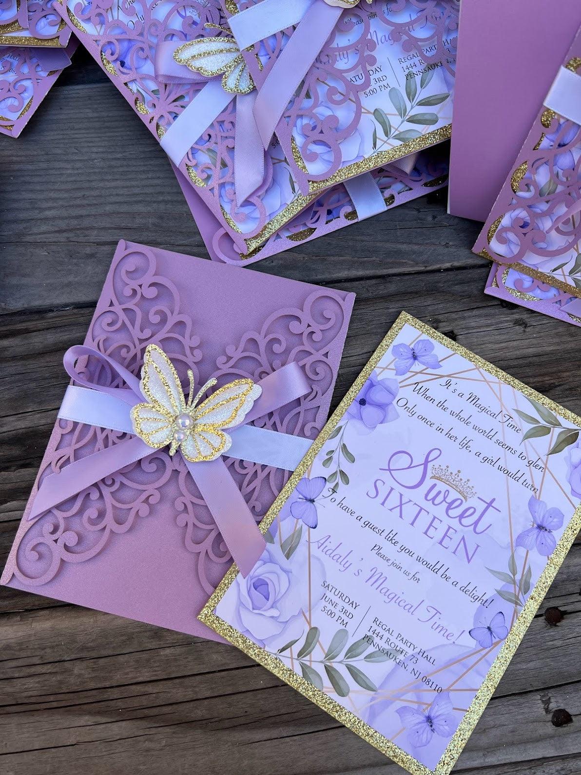 Lavender and Gold Sweet Sixteen butterfly invitations