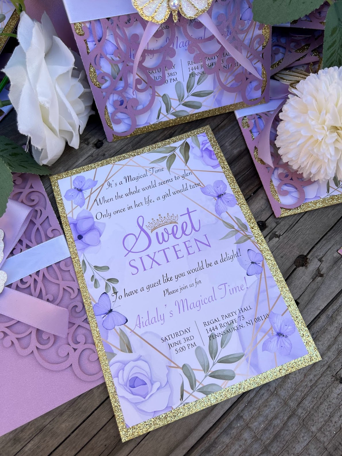 Lavender and Gold Sweet Sixteen butterfly invitations