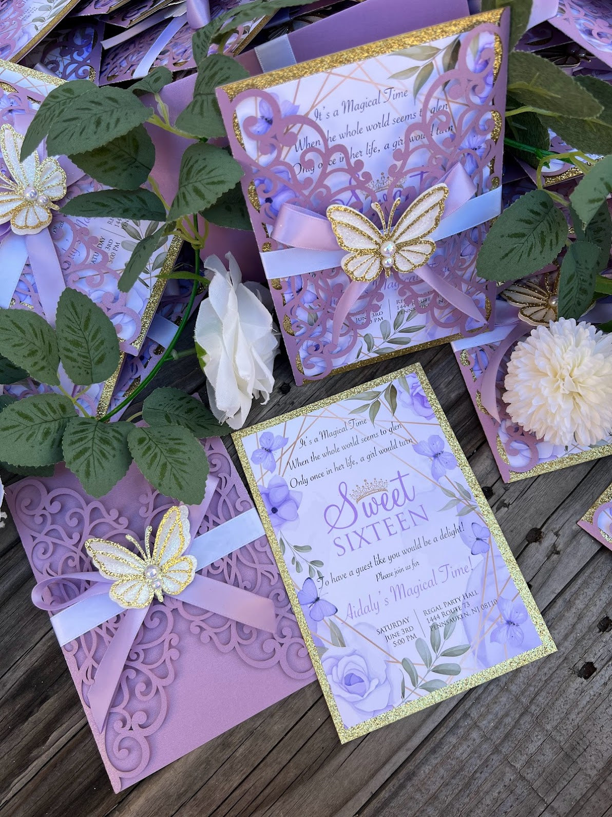 Lavender and Gold Sweet Sixteen butterfly invitations