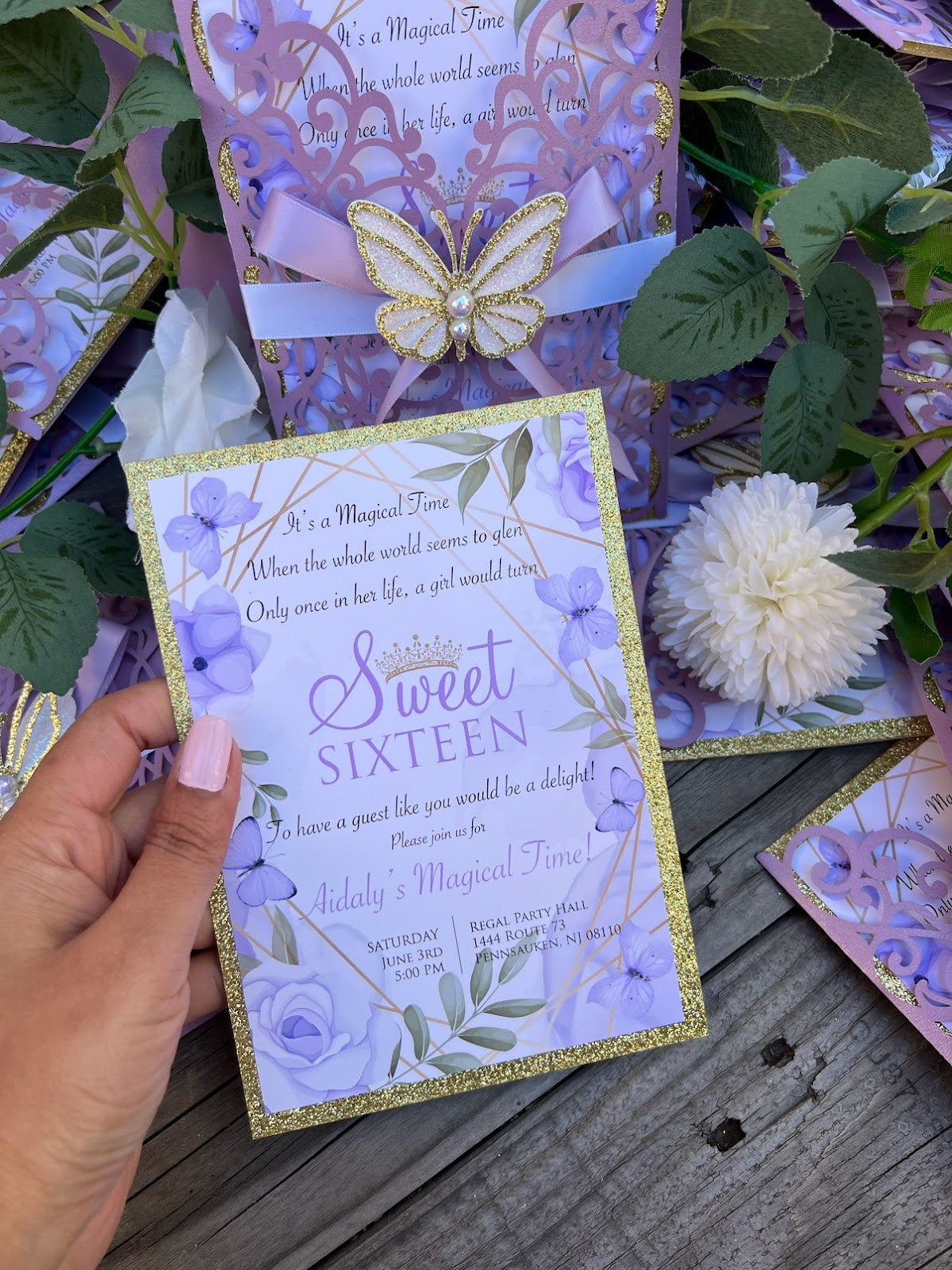 Lavender and Gold Sweet Sixteen butterfly invitations