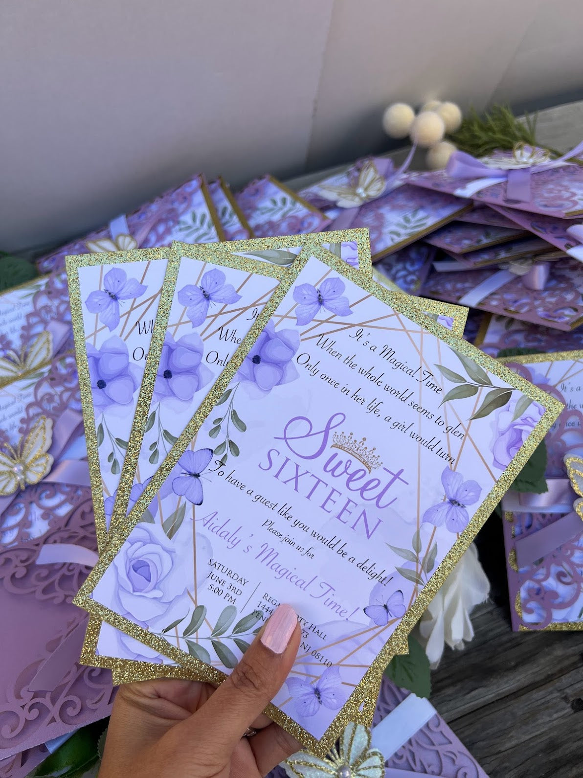 Lavender and Gold Sweet Sixteen butterfly invitations