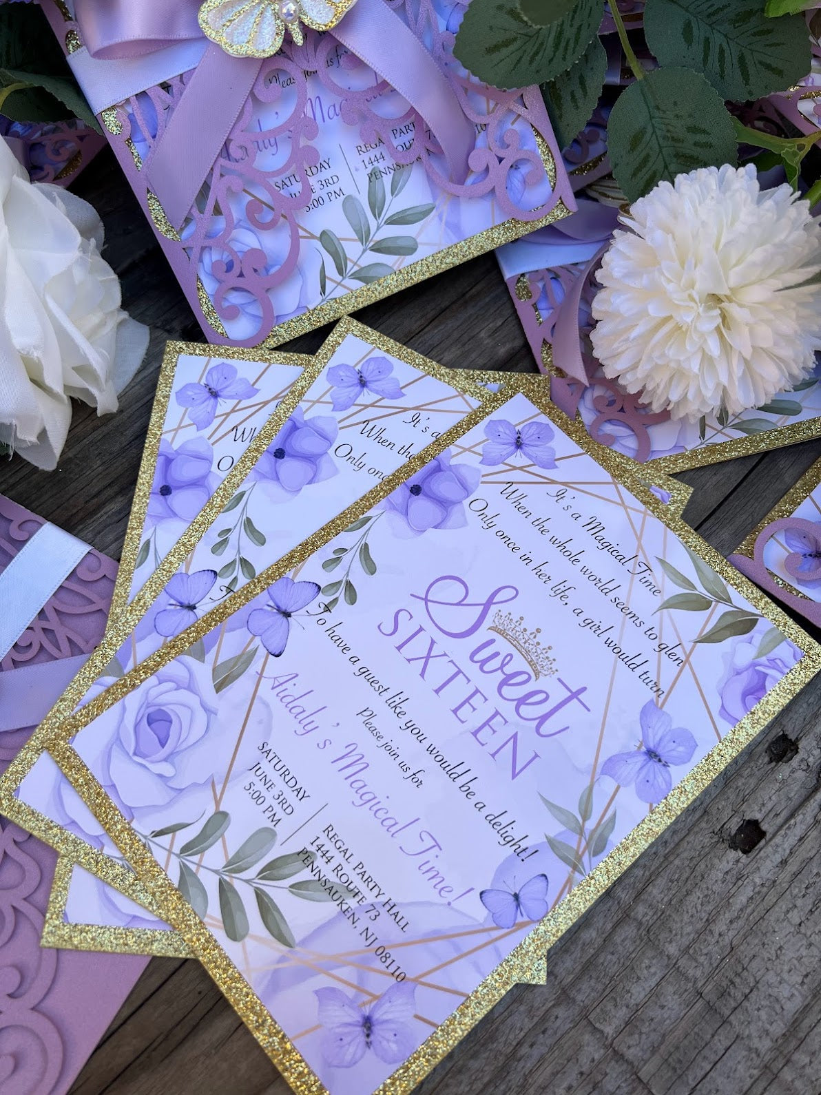 Lavender and Gold Sweet Sixteen butterfly invitations