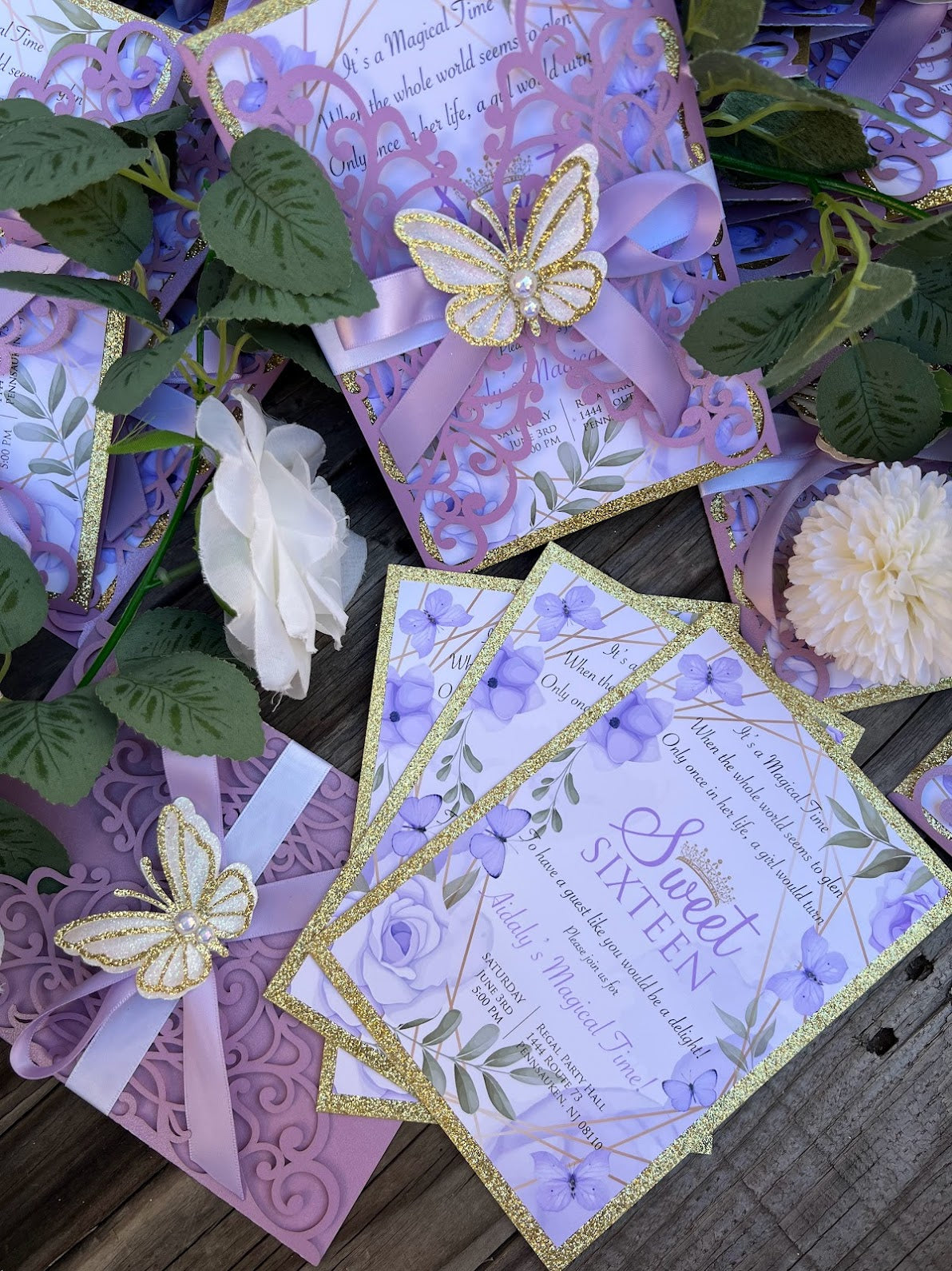 Lavender and Gold Sweet Sixteen butterfly invitations