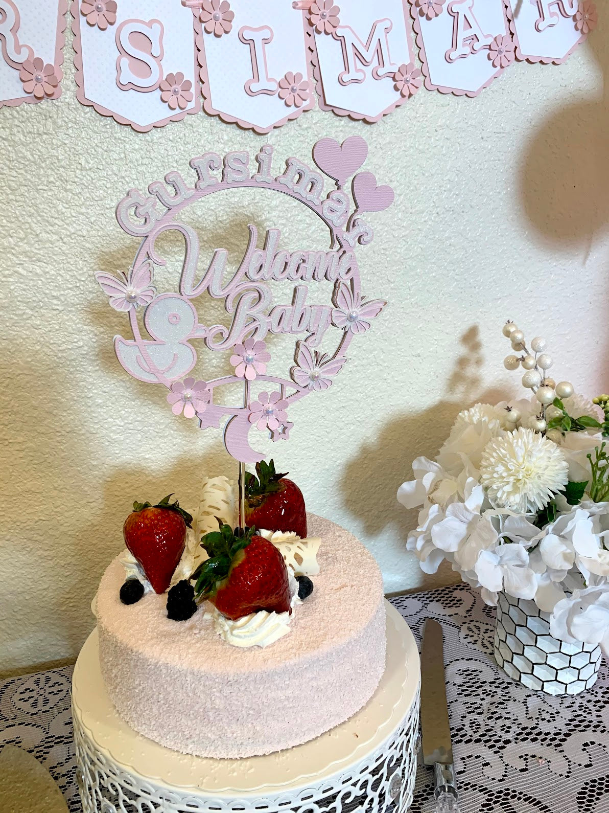 Butterflies and Floral welcome baby cake topper